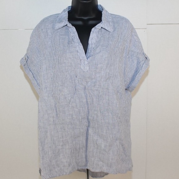 Rachel Roy linen pop over short sleeve vertical stripe top size M - Picture 2 of 4